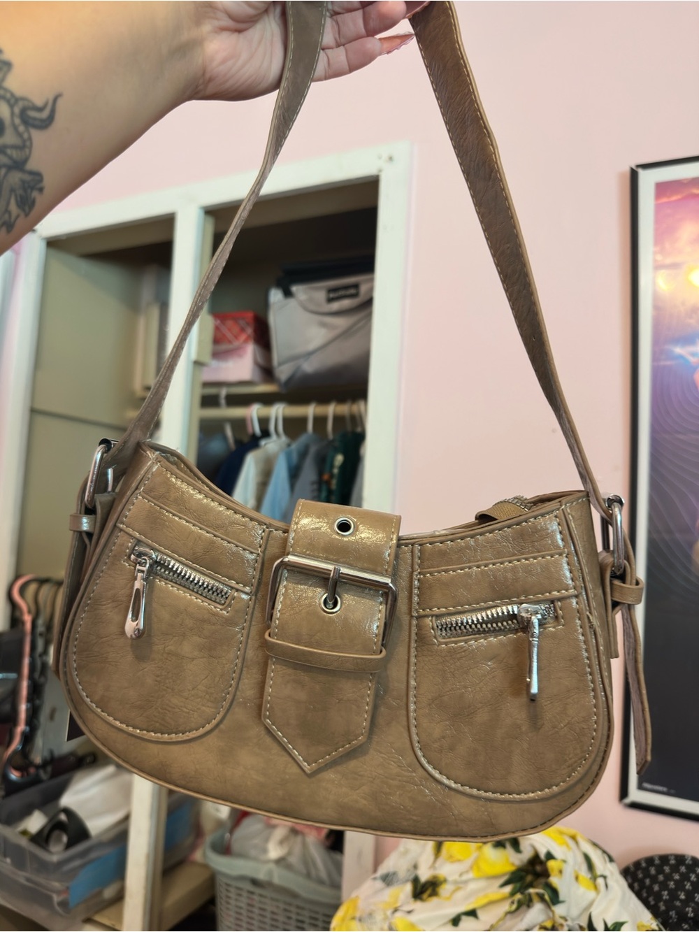 Taupe Shoulder Bag with Buckle Detail - Women Bags